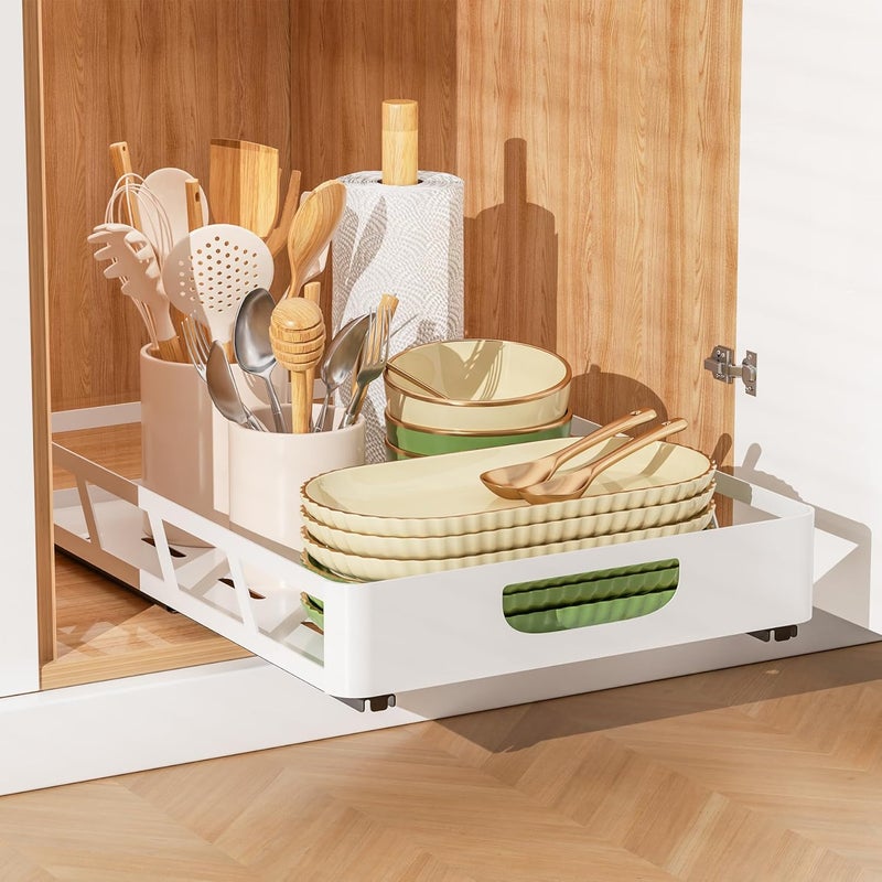 XLP Store Pull Out Cabinet Organizer 16" Deep, Heavy Duty Slide Out Drawers, Adhesive or Drill Roll Out Shelf with Damping Rail for Kitchen, Bathroom, Pantry, Cupboard(11.73" W X 16.46" D X 3.15" H, White) - Image 1
